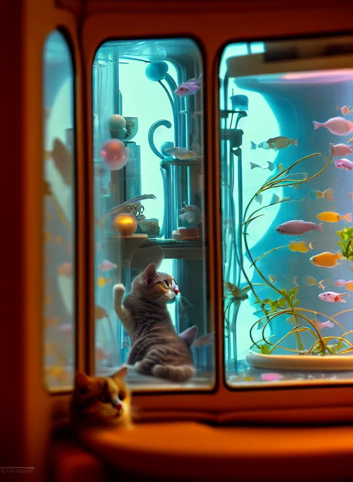 Image similar to telephoto 7 0 mm f / 2. 8 iso 2 0 0 photograph depicting the feeling of chrysalism in a cosy safe cluttered french sci - fi ( ( art nouveau ) ) cyberpunk apartment in a pastel dreamstate art cinema style. ( cat ) ( ( fish tank ) ), ambient light.