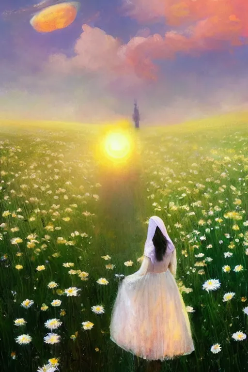 Prompt: giant white daisy flowers as head veil, girl walking in a flower field, surreal photography, sunrise, dramatic light, impressionist painting, colorful clouds, digital painting, artstation, simon stalenhag