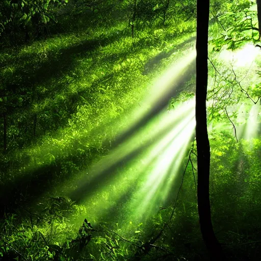Prompt: A lush green forest in the morning; rays of light coming through the canopy