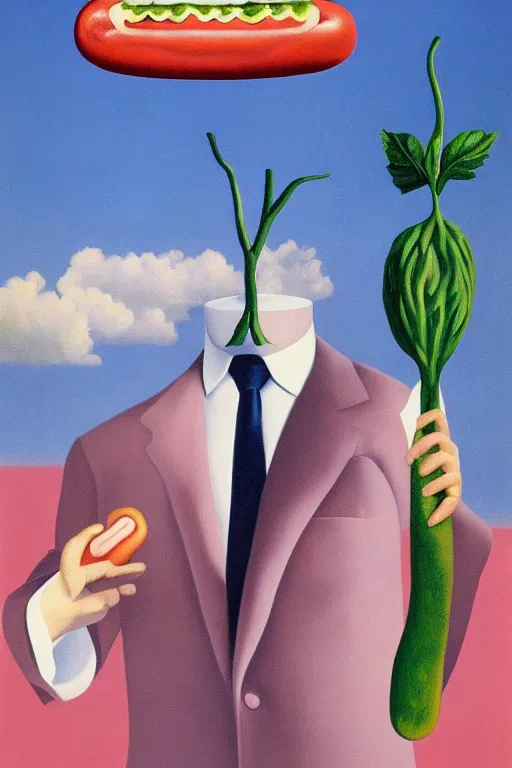 Image similar to Rene Magritte's Son Of Man painting with a floating pink hotdog blocking the face, the hotdog has a stem and leaves and is growing more unripe hotdogs on the hotdog vine