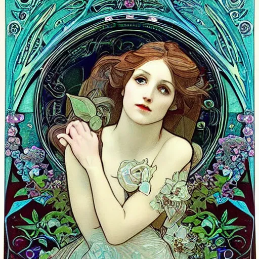 Image similar to Alice in Wonderland,Diamonds Blaze,Rose twining,out of time and space,dreamy, eternity, romantic,highly detailed,in the style of Alphonse Maria Mucha, highly detailed,night lighting