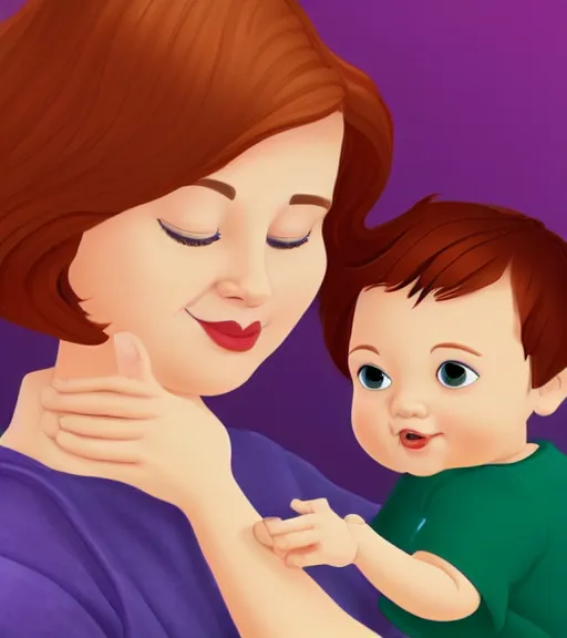 Image similar to a mother with short shoulder length auburn hair, short and curvy and a slightly chubby face holding her infant son with short brown hair full color digital illustration disney / pixar animation 4 k