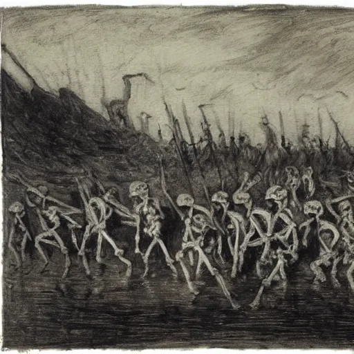 Image similar to an army of skeletons rising from a river by alfred stevens, charcoal