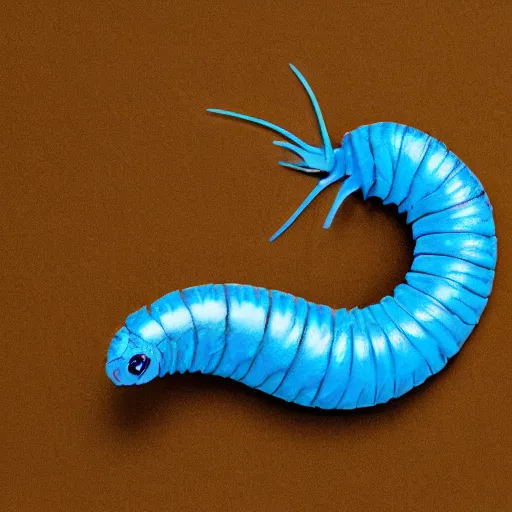 Image similar to studio photograph of a matte dark gray worm with a neon blue head and tail