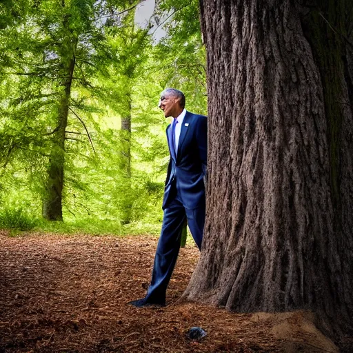 Image similar to Happy Obama playing hide and seek behind a tree in a forest, 40nm lens, 4k