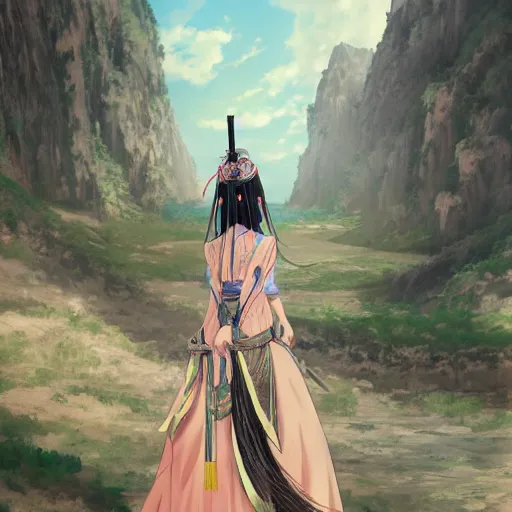 Prompt: ancient chinese dynasty princess, three kingdom, dynasty warriors, standing in an oasis in the desert, anime movie, beautiful, elegant, headshot, long black hair, digital painting, smooth, concept art, art by makoto shinkai