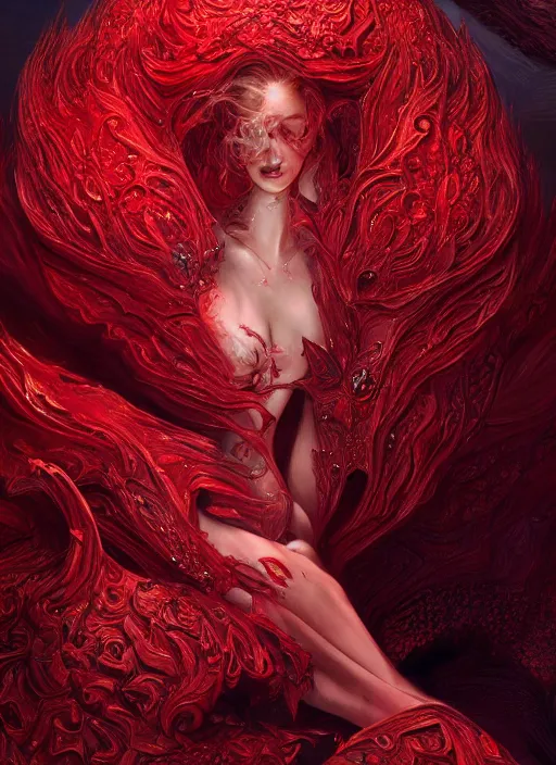 Image similar to woman in love sit upon a scarlet coloured beast, pain, royal dress, light effect, hyper detailed, intricate, atmospheric, elegant, highly detailed, digital painting, artstation, concept art, matte, sharp focus, illustration, by james jean, andrei riabovitchev, marc simonetti, yoshitaka amano