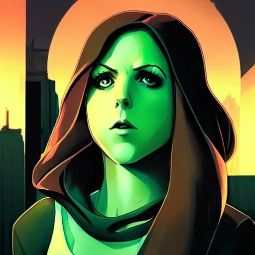 Prompt: Phil Noto comic art, artgerm, eiichiro oda, cinematics lighting, beautiful Anna Kendrick supervillain Enchantress, green dress with a black hood, angry, symmetrical face, Symmetrical eyes, full body, flying in the air over city, night time, red mood in background