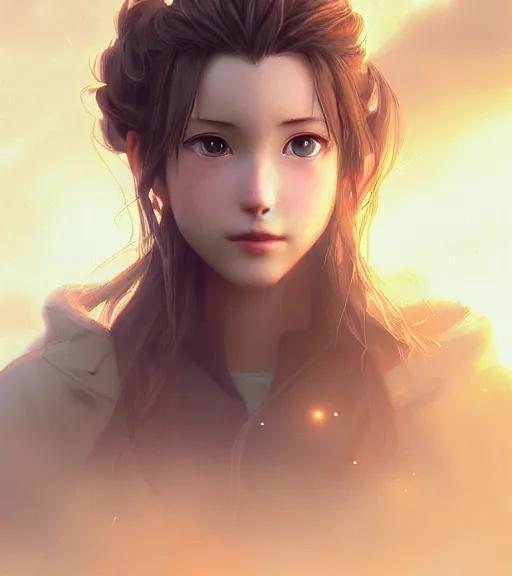 Image similar to beautiful aerith gainsborough, face centered portrait, cottagecore, confident, fog, rain, volumetric lighting, soft light particles floating near her, rim light, beautiful, golden hour, sharp focus, ultra detailed, cgsociety by krenz cushart and wenjun lin