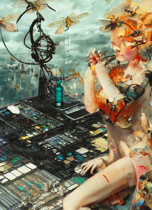 Image similar to surreal gouache painting, by yoshitaka amano, by ruan jia, by Conrad roset, by good smile company, detailed anime 3d render of a medicine pills Surrounded by a magical dragonfly and a big DJ Mixer, deck, portrait, cgsociety, artstation, rococo mechanical and Digital and electronic, dieselpunk atmosphere