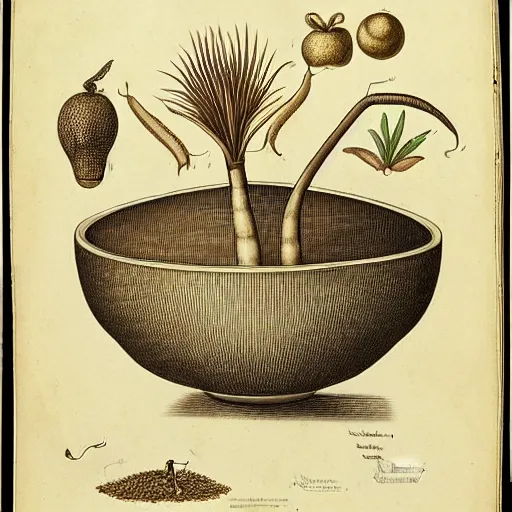 Prompt: anatomical diagram of oryza sativa, next to a bowl of rice, sepia, faded, ink, by maria sibylla merian