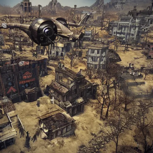 Image similar to a vertibird from Fallout flying over a steampunk village