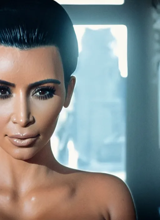 Image similar to movie still of a kim kardashian with a alien facehugger on her face, cinematic.