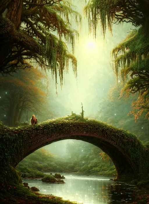 Image similar to old bridge with ivy, fantasy forest landscape, fantasy magic, light night, intricate, elegant, sharp focus, illustration, highly detailed, digital painting, concept art, matte, art by wlop and artgerm and ivan shishkin and andrey shishkin, masterpiece