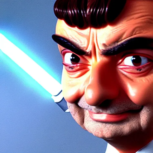 Image similar to mr. bean as anakin skywalker from star wars. movie still. cinematic lighting.