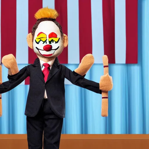 Image similar to puppet show with a puppeteer using a president with clown makeup in a podium