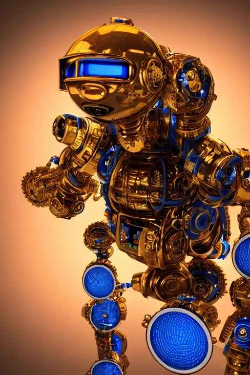 Image similar to portrait photo of a giant huge golden and blue metal humanoid steampunk robot, television camera on the shoulder, with gears and tubes, eyes are glowing red lightbulbs, shiny crisp finish, 3 d render, 8 k, insaneley detailed, fluorescent colors, background is multicolored lasershow