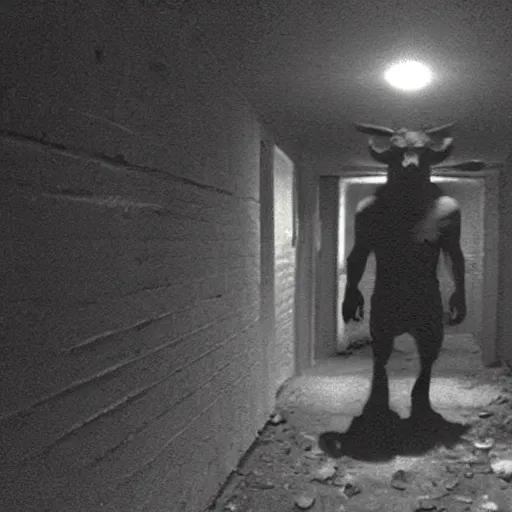 Image similar to hi - 8 night vision camera found - footage of a barely visible, bipedal minotaur, shrouded in darkness at the end of an extremely dark, unlit hallway in a basement of an abandoned house