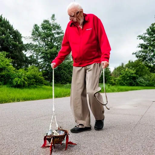 Image similar to elderly man walking a pet crab, leash, park, happy, canon eos r 3, f / 1. 4, iso 2 0 0, 1 / 1 6 0 s, 8 k, raw, unedited, symmetrical balance, wide angle