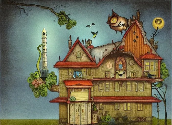 Image similar to a house with a tower, owl, birds, cheese, lowbrow in the style of mark ryden and john bauer,