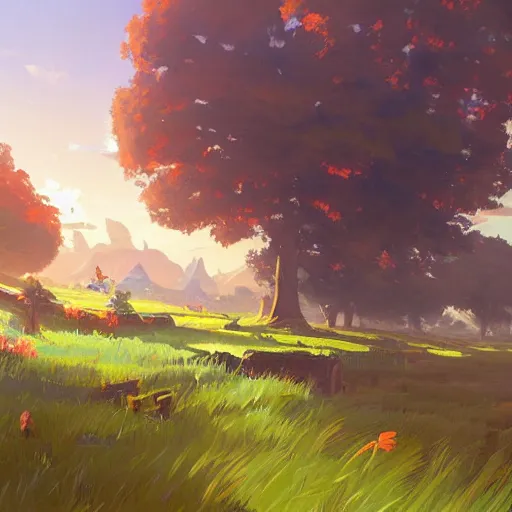 Prompt: landscape painting of a beautiful lush field. clean sharp digital art, environment concept art, by rossdraws, ghibli, breath of the wild, greg rutkowski