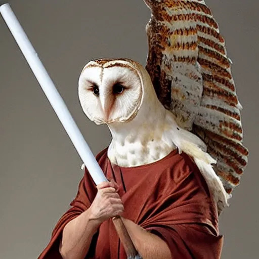 Image similar to humanoid barn owl with wings wearing a roman toga and holding a javelin