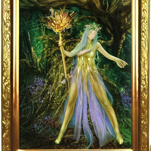 Image similar to fey queen of the summer forest, dress of leaves, fine features, holding a golden scepter, thin, young, silver shimmering hair, by brian froud, dusk scene, night colors, oil on canvas, oil panting