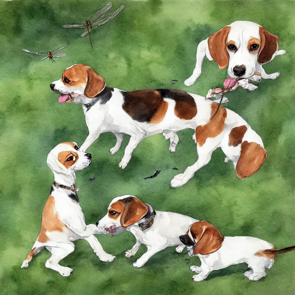 Image similar to water color painting of a white and caramel beagle dog playing with dragonfly in a backyard, harsh lighting, detailed, trending on artstation, dull pastel colors, bright, god rays, dreamy, trending on artstation