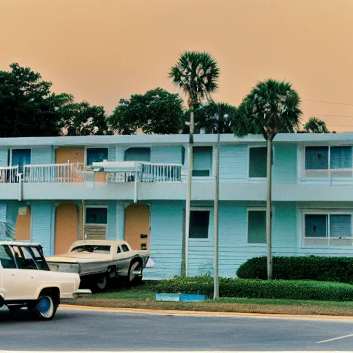 Image similar to photo of motel in florida 1985, cinestill, 800t, 35mm, full-HD