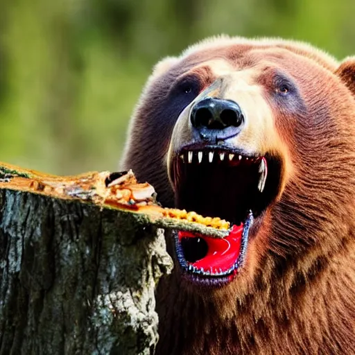 Image similar to a bloodthirsty bear, raised up on one side, with three ribs in its mouth between its teeth