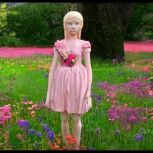 Image similar to A sculpture of a young girl with blonde hair, blue eyes, and a pink dress. She is standing in a meadow with flowers and trees. YouTube by Guo Pei, by Tom Chambers