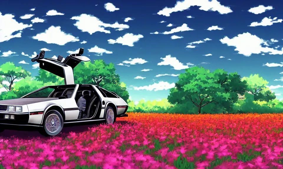 Image similar to a delorean standing in a flower field, anime style