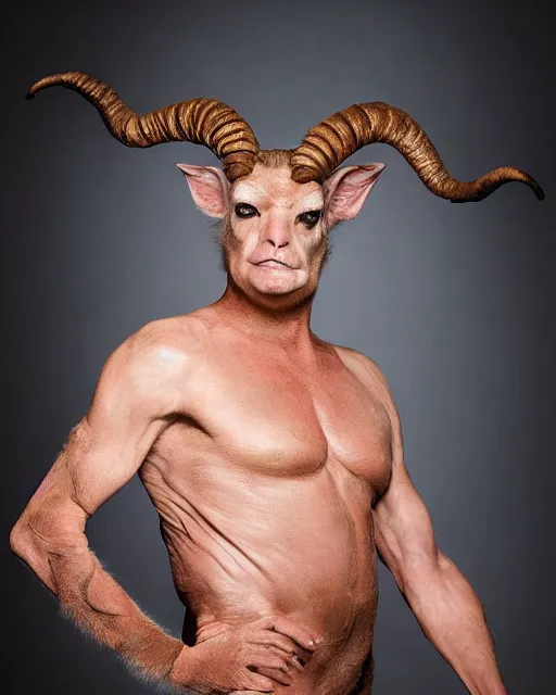 Prompt: Donald Trump in Elaborate Pan Satyr Goat Man Makeup and prosthetics designed by Rick Baker, Hyperreal, Head Shots Photographed in the Style of Annie Leibovitz, Studio Lighting