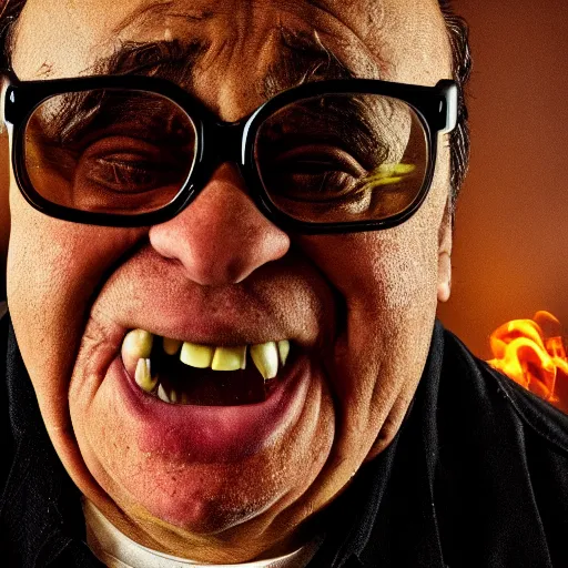 Image similar to danny devito turtle rage, 8 k, professional photography, cinematic shot, dark, smoke, mist