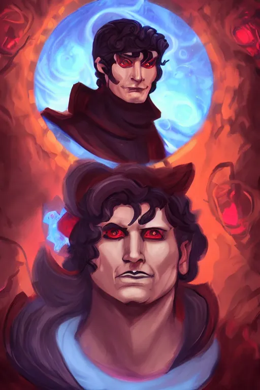 Prompt: an in game portrait of zagreus from hades, art by jen zee.