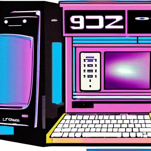 Image similar to A computer from the 90s in the style of vaporwave