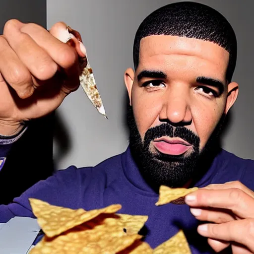 Prompt: drake opening a bag of chips with scissors