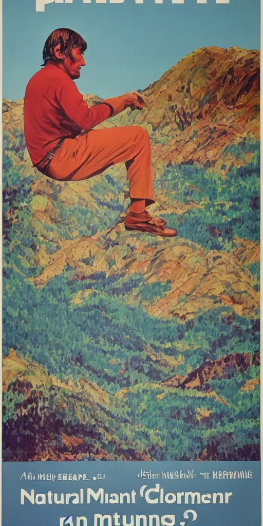 Prompt: 1 9 7 0 s filmposter for the paintmaker about a man searching for natural pigment in the mountains