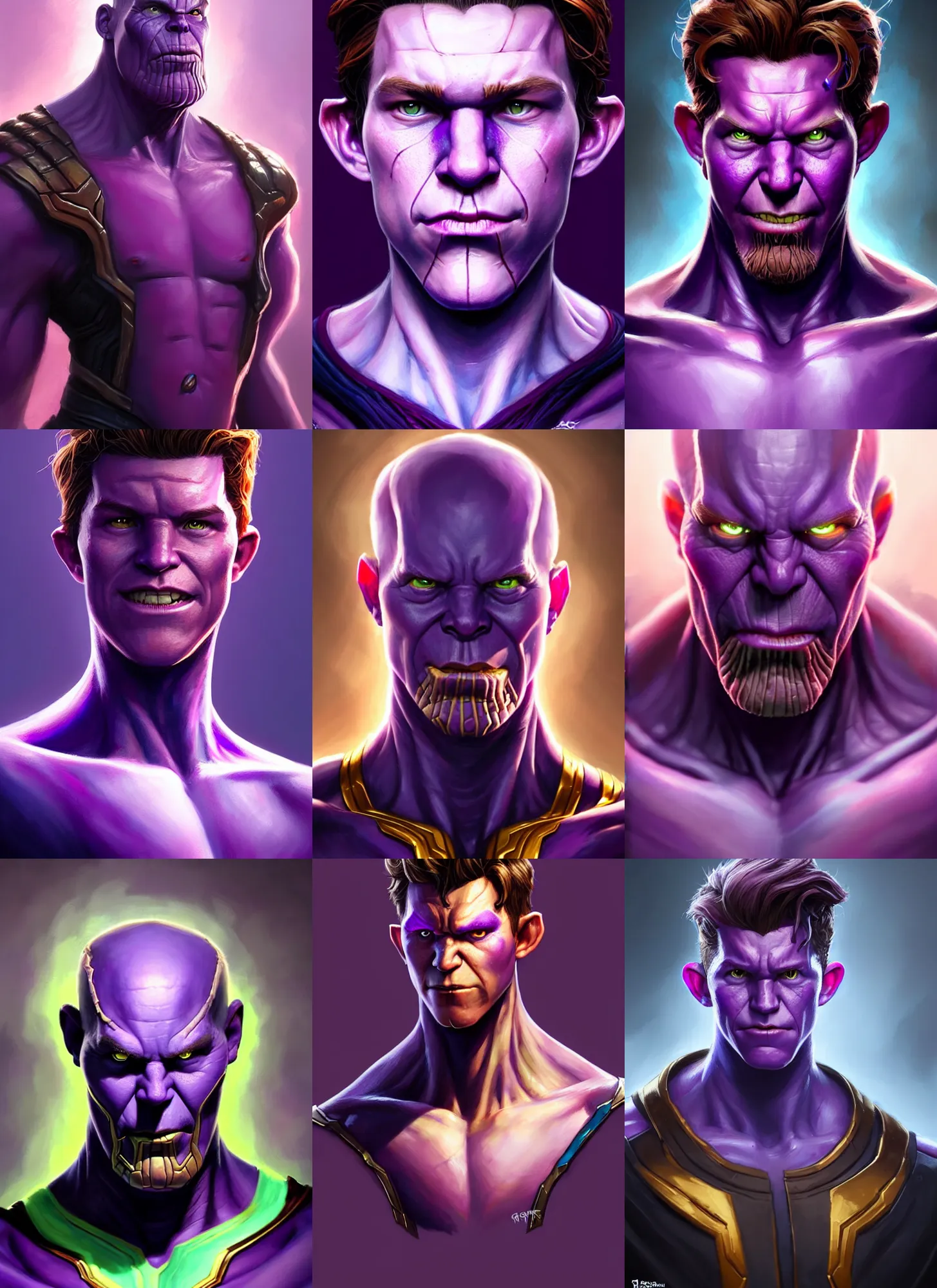 Prompt: a fantasy style portrait painting a character if tom holland and thanos had a son, purple skin, powerful chin, thanos and spyder man style traits, painting, unreal 5, daz., rpg, portrait, extremely detailed, artgerm greg rutkowski _ greg