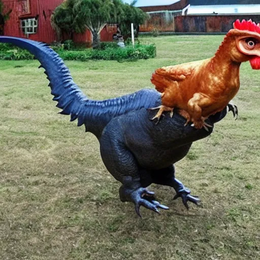 Prompt: chicken riding on a t - rex