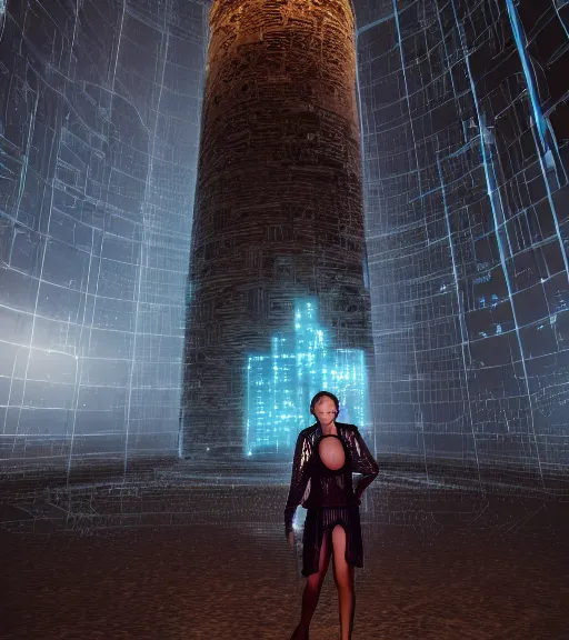 Image similar to selfie of tarkovsky greatest scene, hologram of the ancient destroyed majestic tower of babylon, a woman in futuristic cyber clothing, transparent puffer jacket, hyperealistic, blockchain, cyber world, ambient lighting, concept art, intricate, hyperdetailed, smooth, dynamic volumetric lighting, ocatane render, ray trace, cinematic, high quality, cgsociety