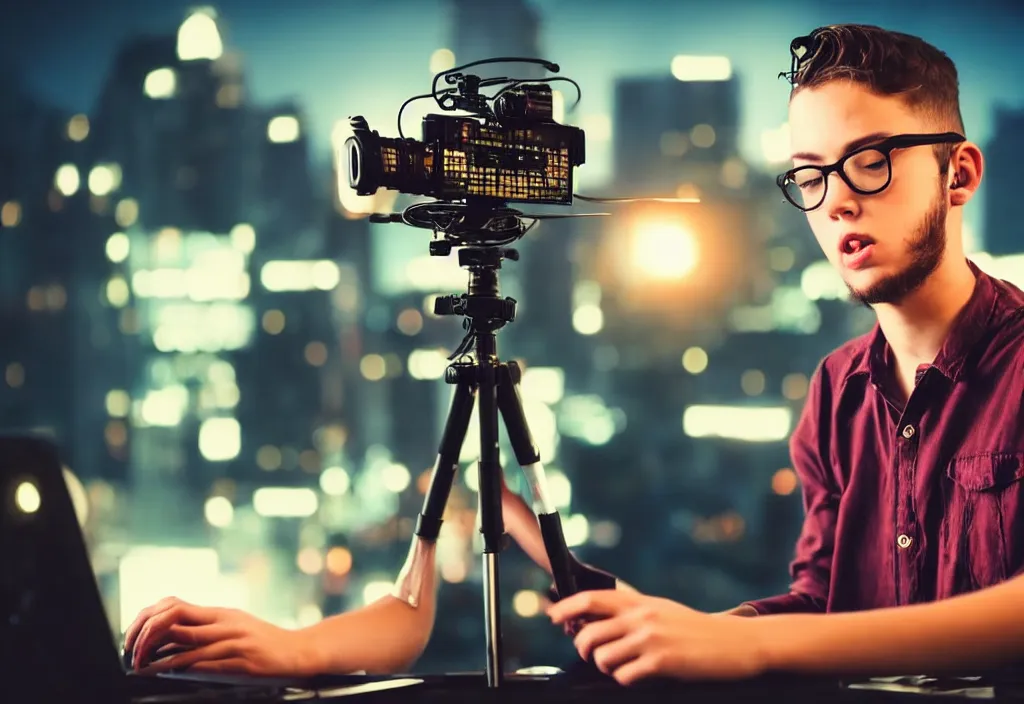 Image similar to a young man livestreaming his dreams to an online audience, cinematic, atmospheric, surreal, imax