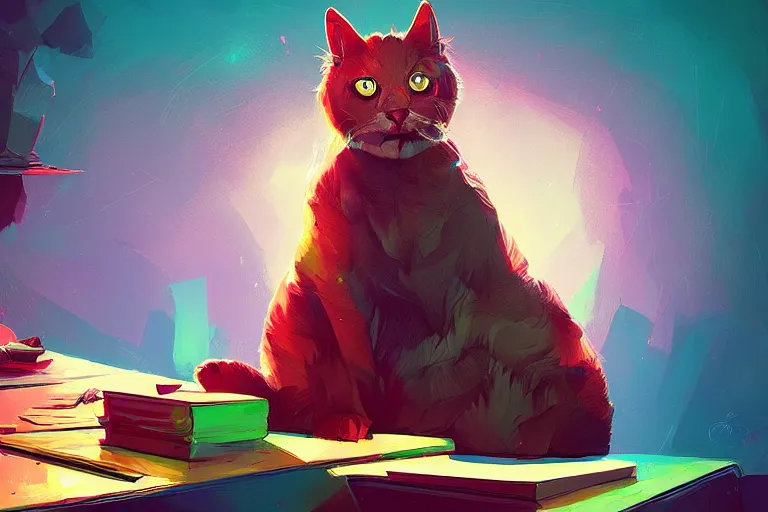 Image similar to a digital art of a godfather cat sitting by the desk, animal, light effect, highly detailed, by anton fadeev