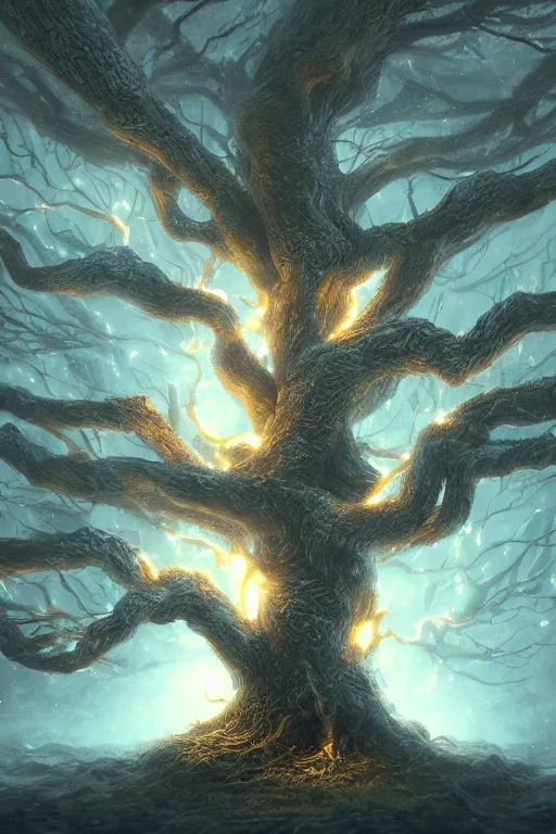 Image similar to a tree with lightning for leaves, overexposure, electricity, night, unreal engine, digital art, 8 k, oil painting, fantasy art, illustration, detailed and intricate environment