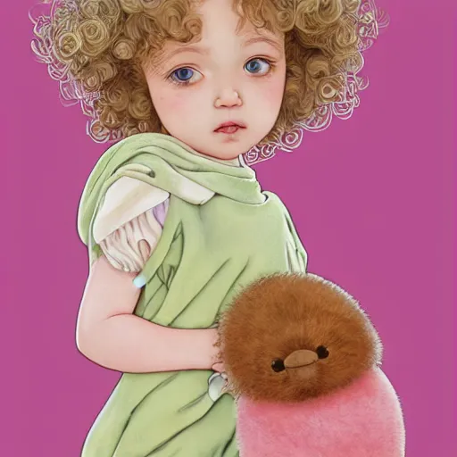 Image similar to a beautiful little blonde toddler girl with short curly hair at the park on a beautiful day in the shade, holding a round all-pink stuffed penguin, by Dan Mumford, Junji Murakami, Mucha Klimt, Hiroshi Yoshida and Craig Mullins, featured on Artstation, CGSociety, Behance HD, Deviantart