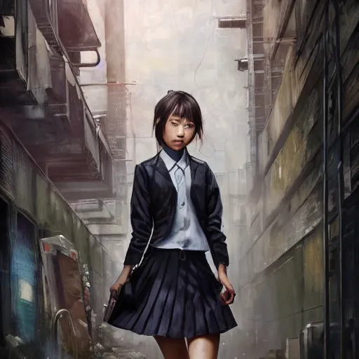 Image similar to a perfect, realistic professional acryl painting of a Japanese schoolgirl posing in a dystopian alleyway, style of Marvel, full length, by a professional American senior artist on ArtStation, a high-quality hollywood-style concept