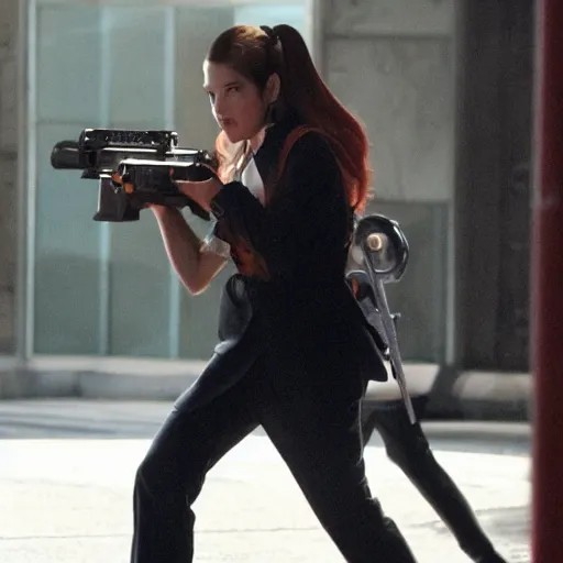 Prompt: princess peach shooting at agents smith, in the john wick movie, still frame.