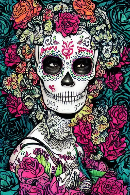 Image similar to illustration of a sugar skull day of the dead girl, art by katsuya terada