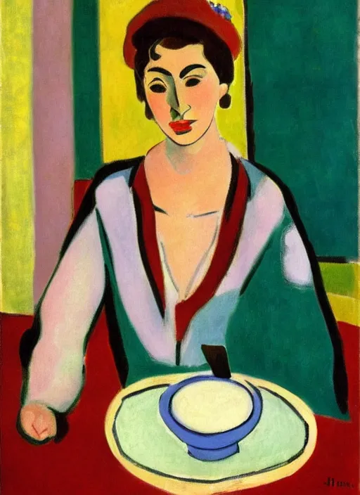 Image similar to jewish woman drinks coffee at a sunlit cafe, calm and content, portrait, by henri matisse, high quality