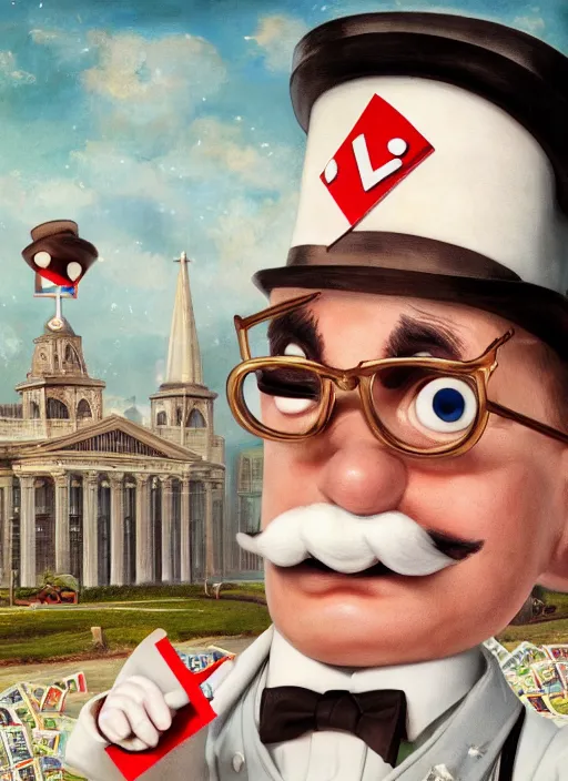 Image similar to closeup portrait of monopoly man as a biblical angle, depth of field, zeiss lens, detailed, symmetrical, centered, fashion photoshoot, by nicoletta ceccoli, mark ryden, lostfish, breathtaking, 8 k resolution, extremely detailed, beautiful, establishing shot, artistic, hyperrealistic, octane render